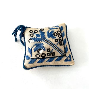 Vintage Handmade Stitched Needlepoint Pin Cushion Blue and Black Pin Cushion