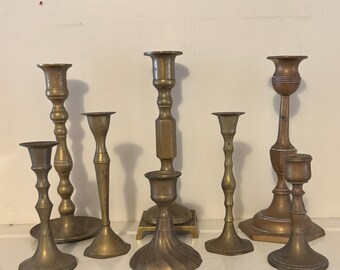 Set of 8 Vintage Brass Candlesticks | Assorted Heights, Patina, Eclectic Decor