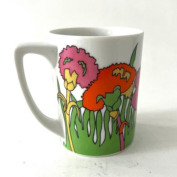 Vintage Colorful Retro Floral Mug | Abstract Flower Design | Mid-Century Style | Made in Japan