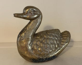 Solid Brass Duck Figurine | Detailed Waterfowl Sculpture, Aged Patina