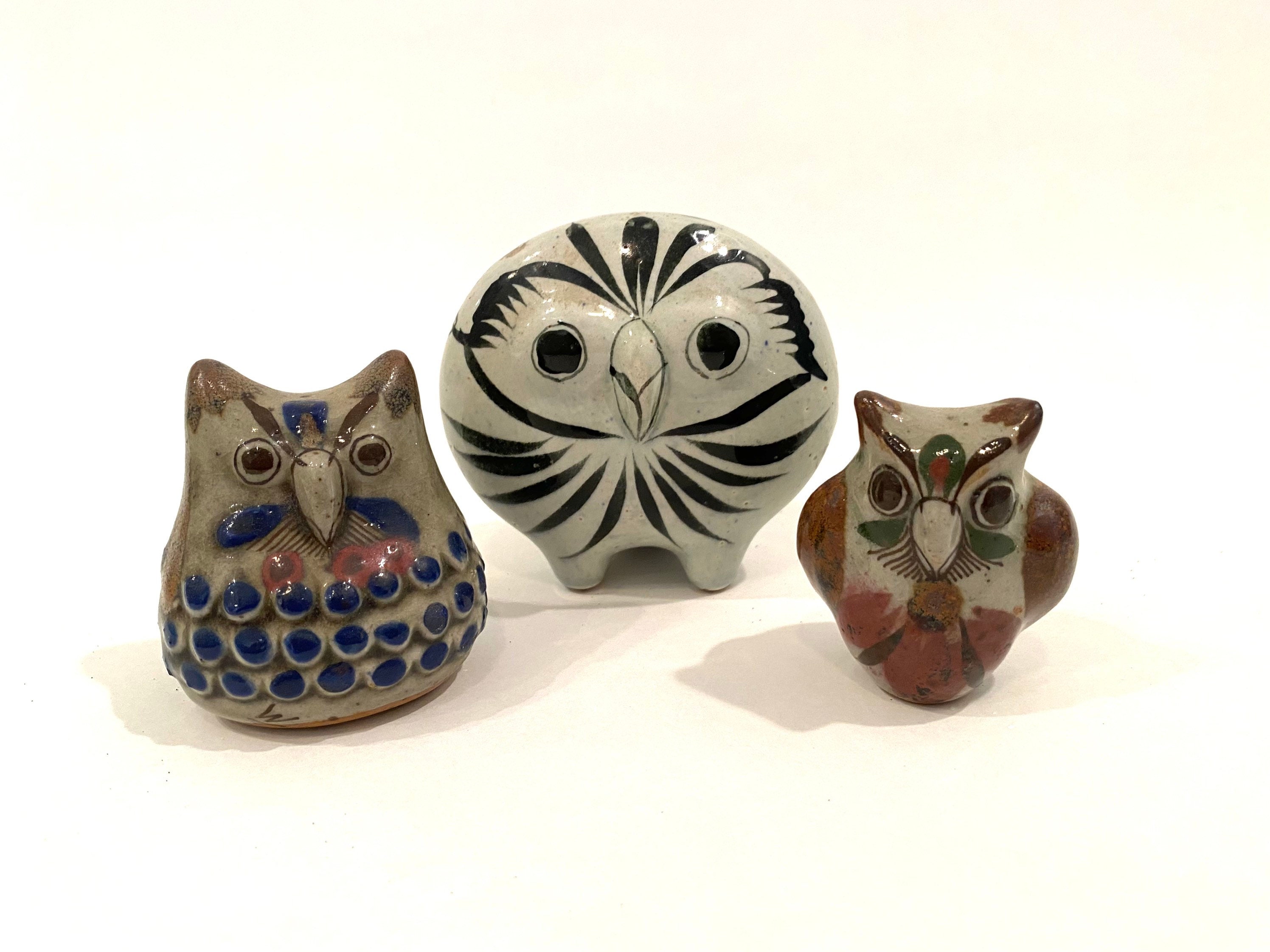 ヴィンテージ メキシコ陶器 フクロウ トリオ 3 体 ハンドメイド 手描き  