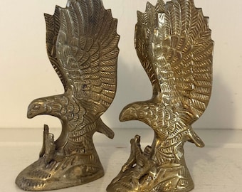 Vintage Brass Eagle Figurines | Cast Flying Bird Statues, Aged Patina