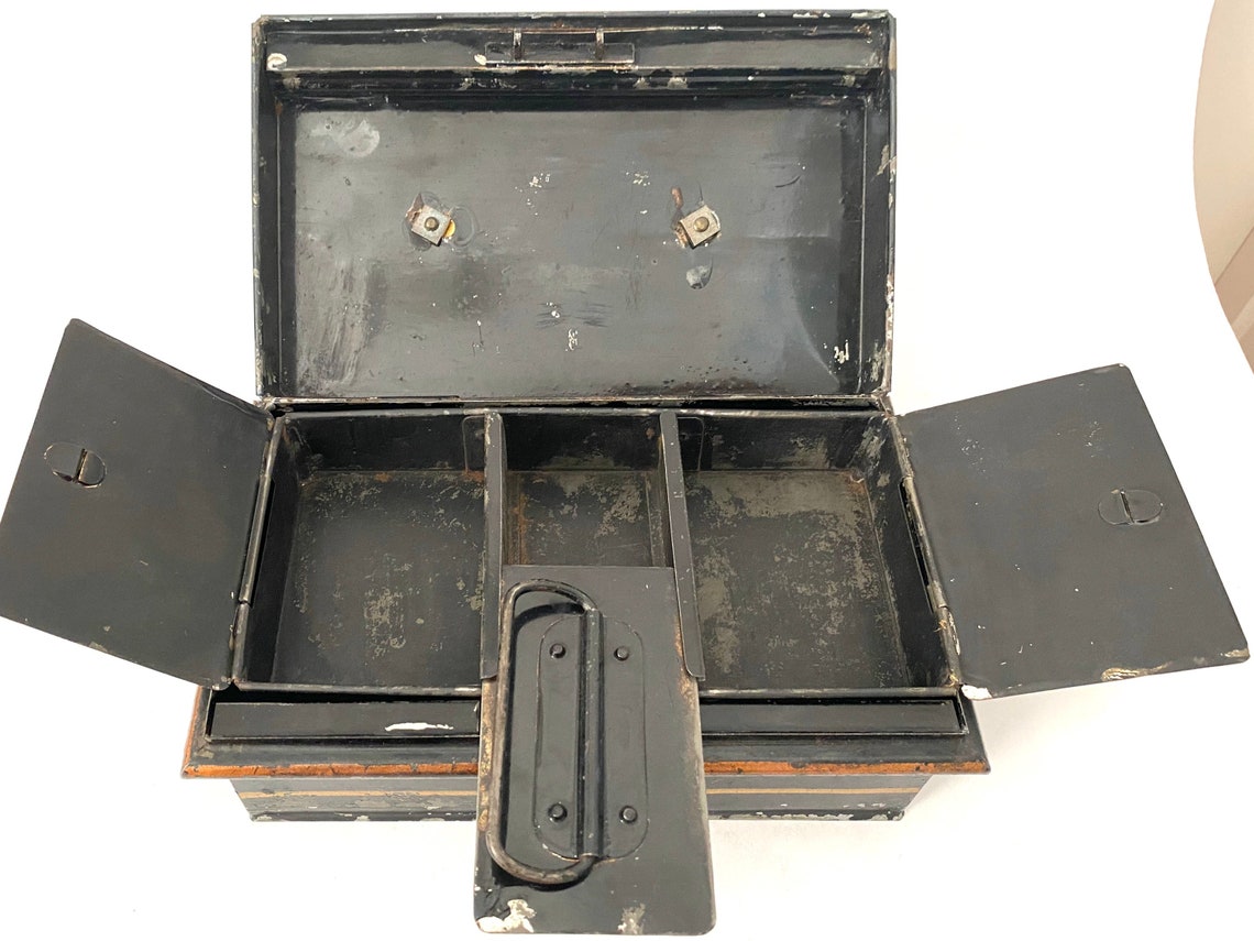 Vintage Antique Metal Locking Cash Box Hidden Compartment No Etsy