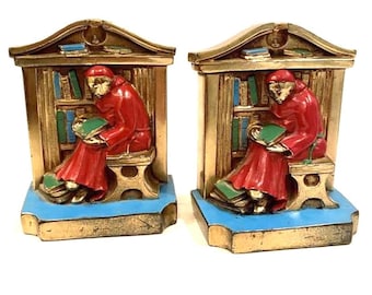 Vintage Monk Bookends | Enamel Painted Cast Metal, 1922 Religious Decor