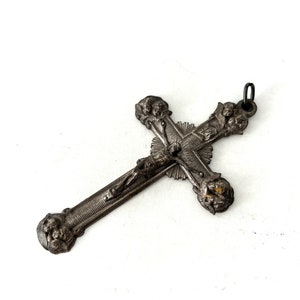 Antique Detailed Crucifix Jesus Christ Nailed to Cross INRA Cherub Angel Faces Vintage Catholic Religious Keepsake