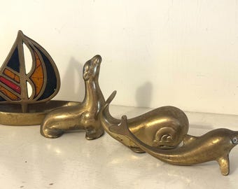 Vintage Brass Ocean Decor Lot: Whale, Dolphin, Seal, Sailboat | Mid Century Coastal Shelf Figurines