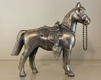 Vintage Cast Metal Horse Figurine | Western Saddle, Ball Chain Detail, Silver-Tone Rustic Decor