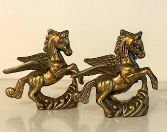 Vintage Solid Brass Small Pegasus Figurines Pair | Hollywood Regency Mythical Horses
