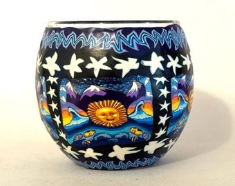 Portacandele in vetro artistico psichedelico anni '90 / Portacandele con scena oceanica e sole celeste