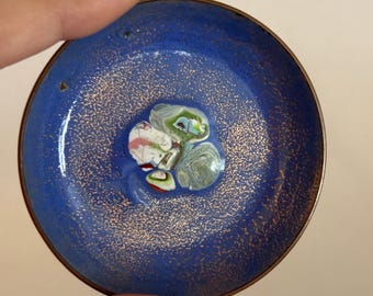 Piatto in rame smaltato firmato da Dorothy Morang / Ciotola con arte astratta di metà secolo