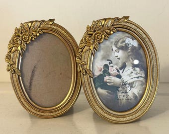 Vintage Oval Gold Tone Floral Picture Frames Set of 2 | Ornate Vanity Decor