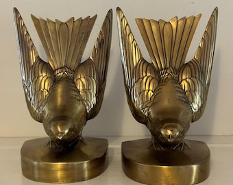 Vintage Swallow Bookends | Sculptural Bird Bookend Pair | Heavy Cast Metal Mid Century Modern Decor