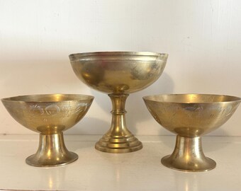 Vintage Etched Brass Pedestal Bowls Set | Footed Compotes (Set of 3)