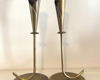 Vintage Tommi Parzinger Dorlyn Silversmiths Brass Candlesticks Pair | MCM Modernist Trumpet Candle Holders