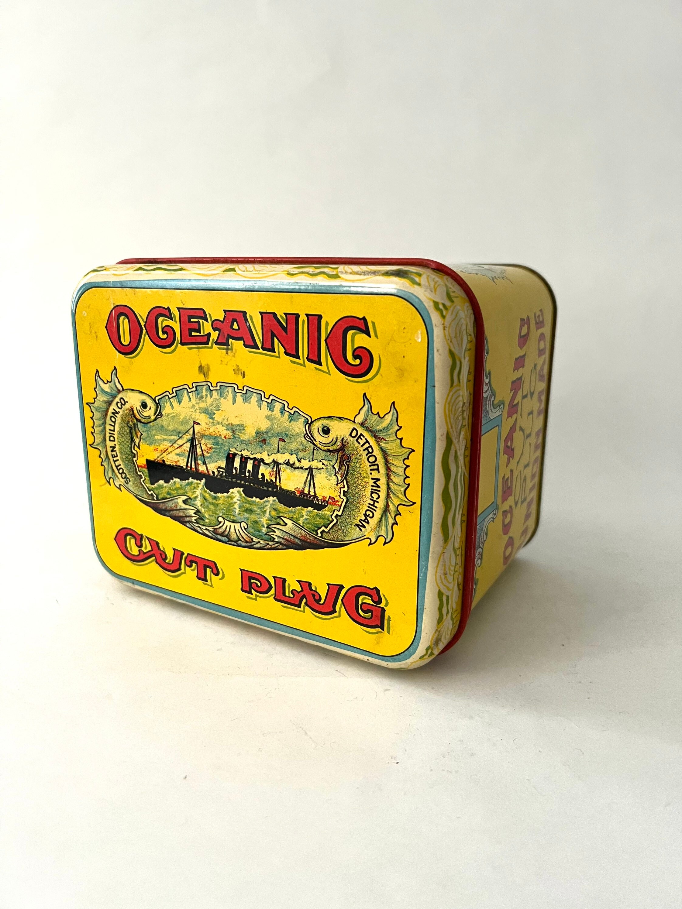 Vintage Oceanic Cut Plug Tobacco Tin | Nautical Folk Advertising Canister