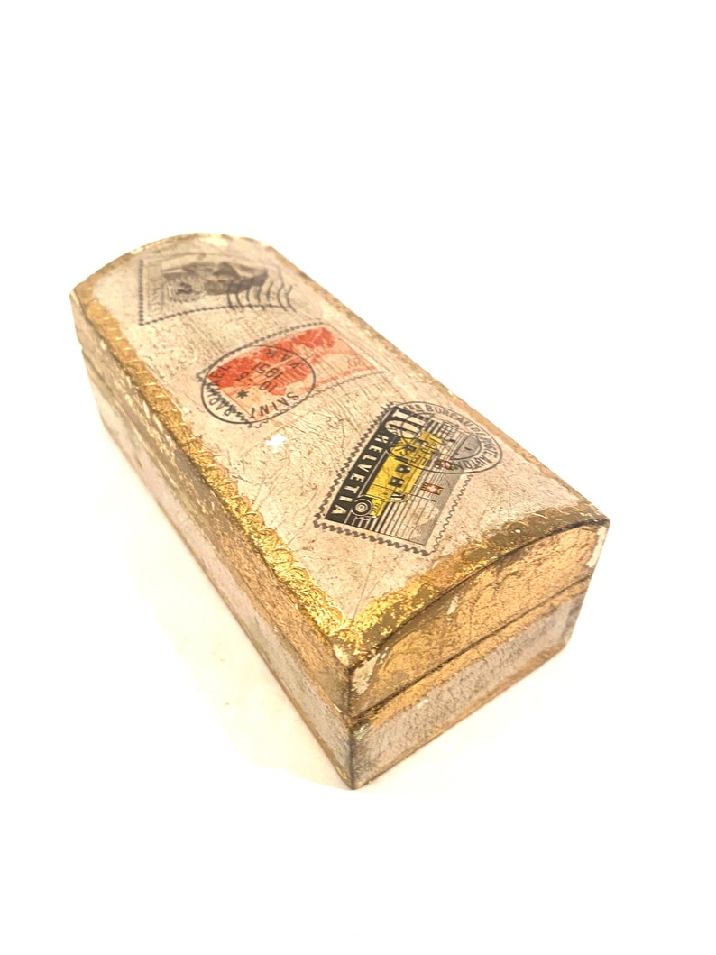 Vintage Florentine Wooden Hinged Stamp Holder Box Gold Guilt Stamped