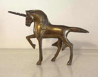 Vintage Brass Unicorn Figurine | Folk Art Horse Sculpture, Whimsical Animal Statue