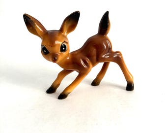 Vintage Kitsch Mid Century Big Eyed Deer Figurine Hard Plastic Holiday Christmas Decor