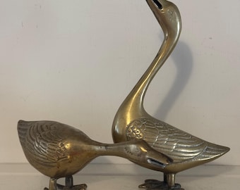Vintage Solid Brass Geese Pair | Mid Century Sculptural Bird Decor