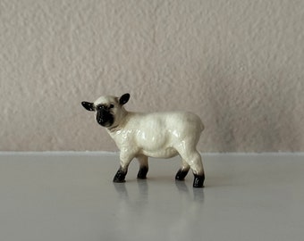 Vintage Ceramic Realistic White Sheep Figurine with Black Ears and Hooves