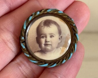 Victorian Baby Portrait Brooch | Turquoise Enamel Rope Frame Mourning Locket Style