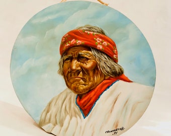 Tambor Tarahumara vintage pintado a mano / Arte popular mexicano / Retrato indígena firmado