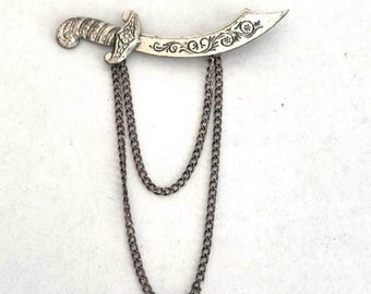 Spilla vintage a forma di spada in argento sterling / spilla a forma di trifoglio in stile Art Déco con catena