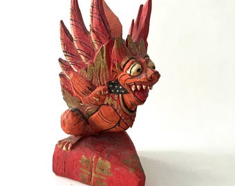 Scultura d'epoca di leone alato balinese / Decorazione d'arte popolare intagliata a mano