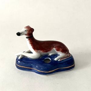 Vintage Hand-painted Brown Greyhound Whippet Staffordshire England Style Dog Ceramic Porcelain Feather Pen Holder or Ink Well