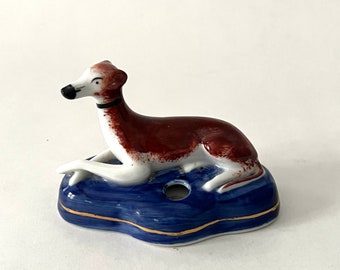 Vintage Hand-Painted Greyhound Ink Well: Staffordshire Style Dog Figurine