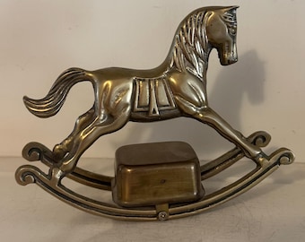 Vintage Brass Rocking Horse Music Box | Mid Century Nursery Decor, Taiwan Musical Figurine