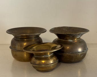 Vintage Brass Miniature Spittoon Trio | Aged Patina Tobacco Collectible Decor