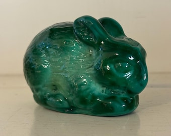 Bohemia Glass Rabbit Figurine | Green Marbled Art Glass Bunny, Czech Collectible Decor
