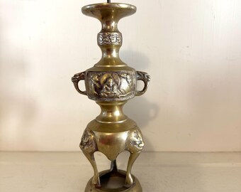 Vintage Brass Buddhist Altar Candlestick | Buddha Dragon Asian Candle Holder | Ornate Chinoiserie Decor
