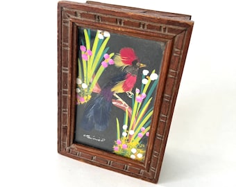 Scatola d'arte messicana vintage con piume / Scatola portaoggetti in legno intagliato a mano