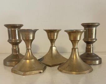 Vintage Brass Candlesticks Set of 5 | Mismatched Brass Candle Holders | MCM Table Decor | Aged Patina