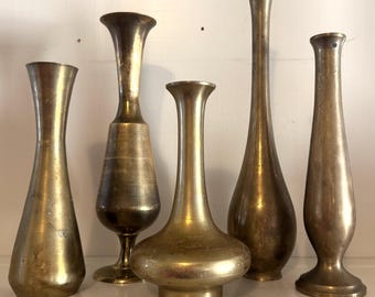 Vintage Solid Brass Vases Set of 5 | Mismatched MCM Sculptural Decor