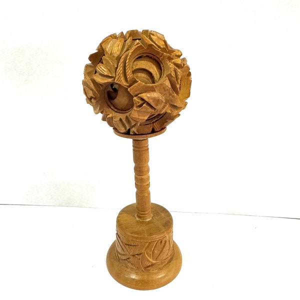 Vintage Wood Carved Puzzle Ball on Stand