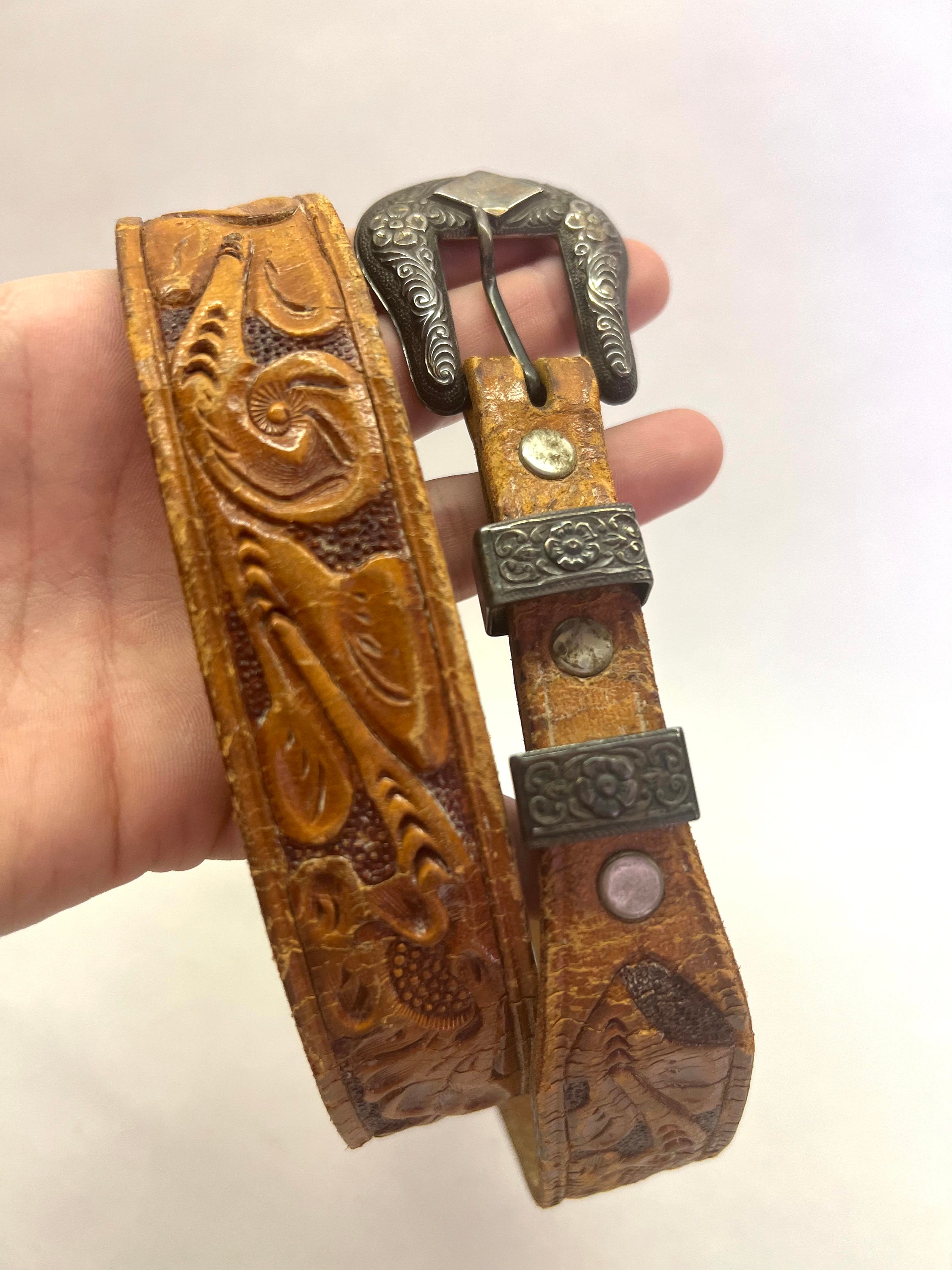 Vintage Hand Tooled Leather Belt w/ sterling silver and 10kt Buckle Vintage Western Belt Tooled Leather Mexican Sterling Silver  main image 3