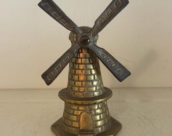 Vintage Brass Windmill Bell Figurine | Rotating Blades, Dutch Cottage Decor