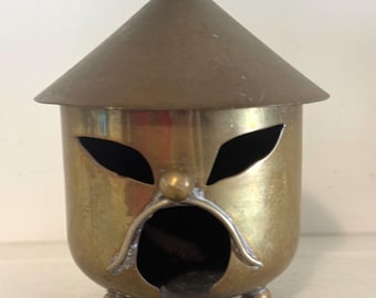 Vintage Brass Figural Incense Burner | Smoking Man Face | Smoke Through Hat | Pagoda Style Brass Burner | MCM Asian Inspired Decor