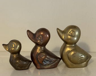 Vintage Brass Duck Family Trio | Stylized Animal Decor, Mid Century Shelf Accent