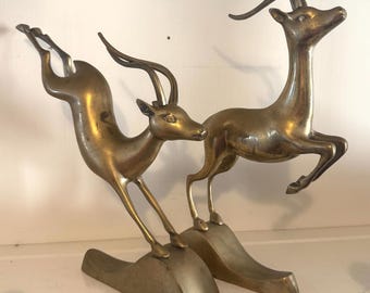 Vintage Brass Gazelle Sculptures | Mid-Century Modern Animal Pair (13" Tall)
