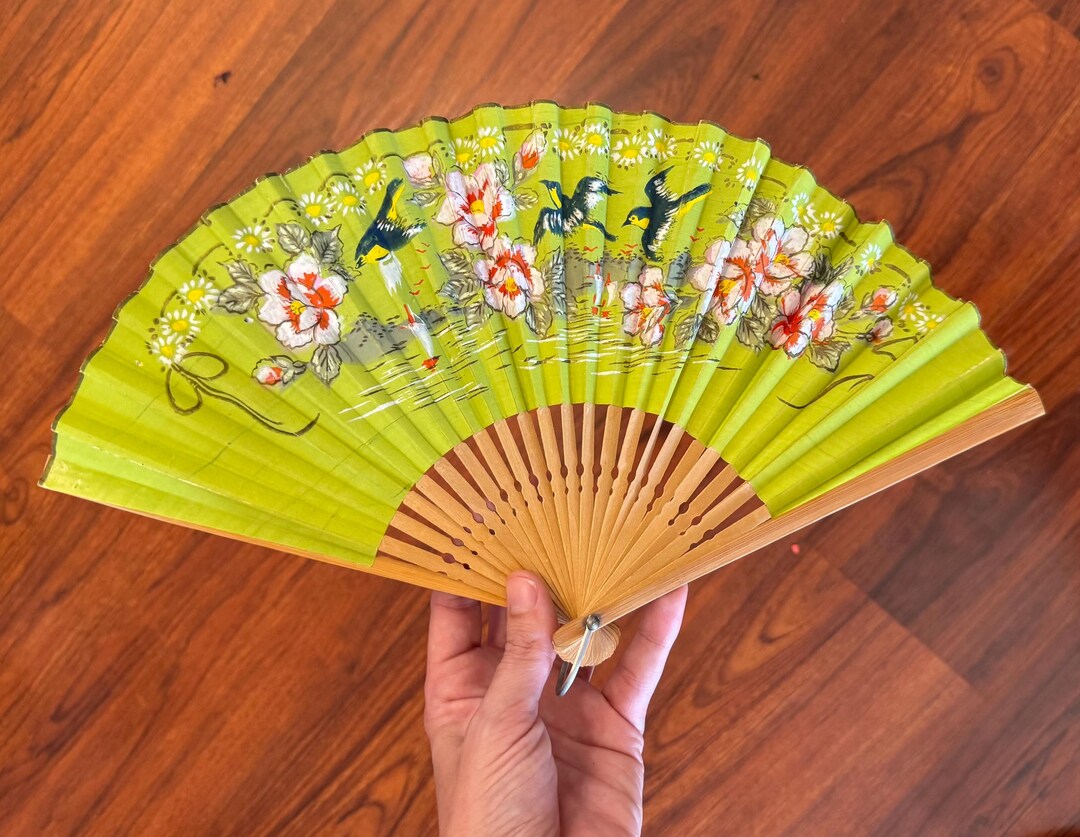 Vintage Hand Painted Floral Bird Fan | Green Bamboo Folding Fan ...