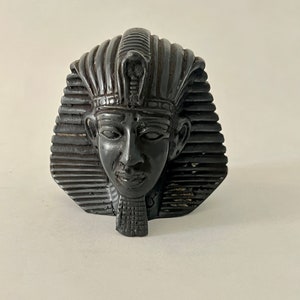 Vintage Black Stone Carved  Ramses IV Egyptian Pharaoh Head Stone Egyptian King Pharaoh Head Figurine Signed
