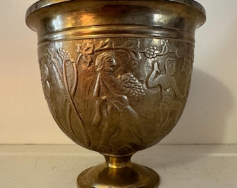Vintage Brass Urn Planter Bowl | Embossed Figural Cachepot | Pedestal Footed | Classical Regency Decor