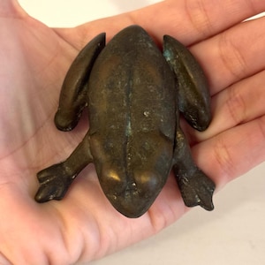 May include: A bronze frog figurine with outstretched legs and webbed feet. The frog has a textured surface and is in a relaxed pose. The figurine is a decorative item.