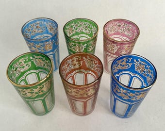 Vintage Moroccan Glasses Set | Gold Floral Hand-Painted Glassware, Boho Decor
