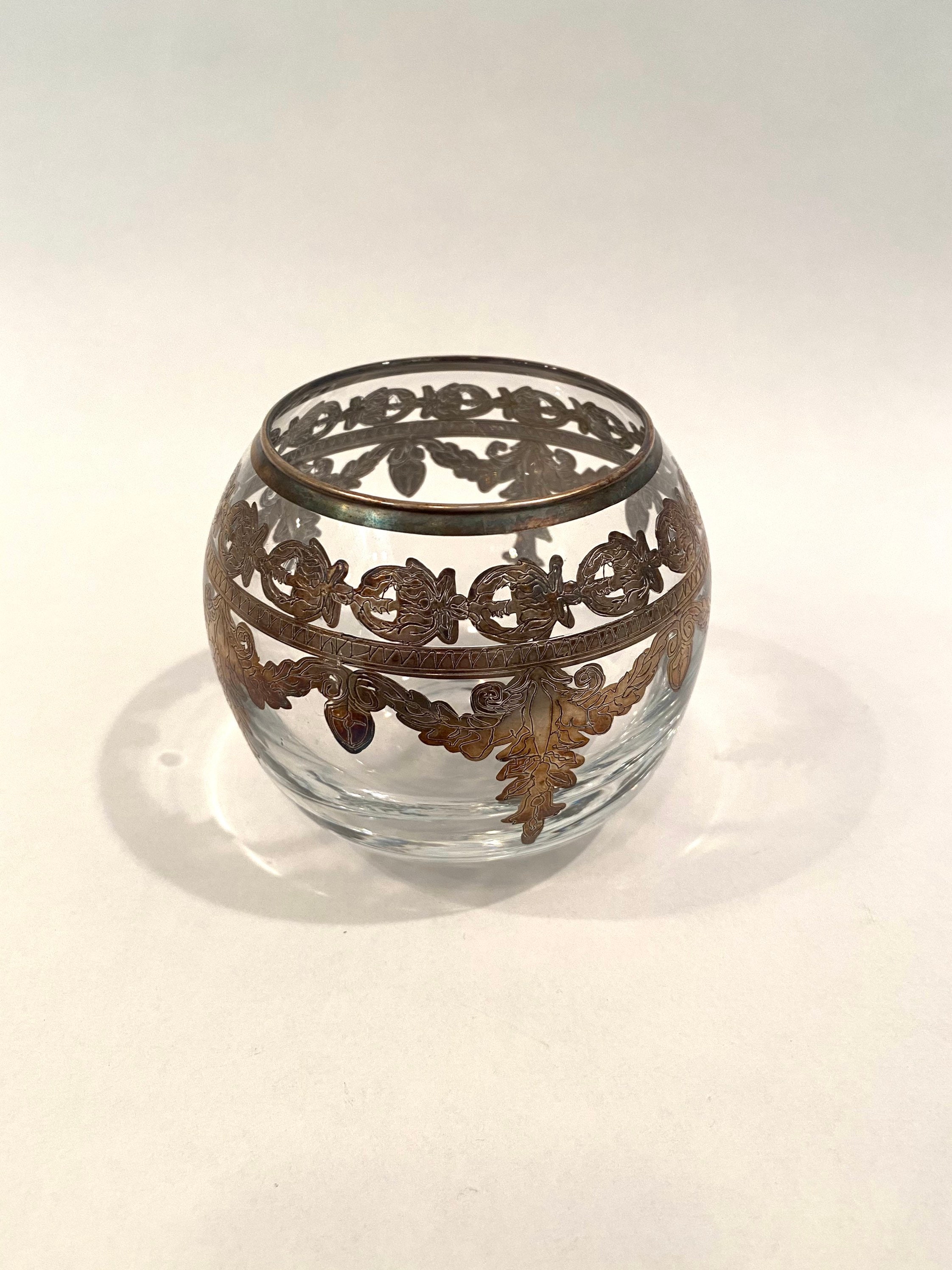 Vintage Petite Round Glass Vase With Floral Etched Silver Inlay Art