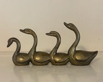 Vintage Brass Swan Family Sculpture | Four Swans in a Row | Brass Bird Figurine